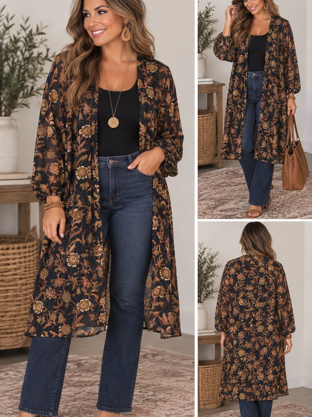 DR2 Black Floral Midi Skirt with Brown and Tan Blooms